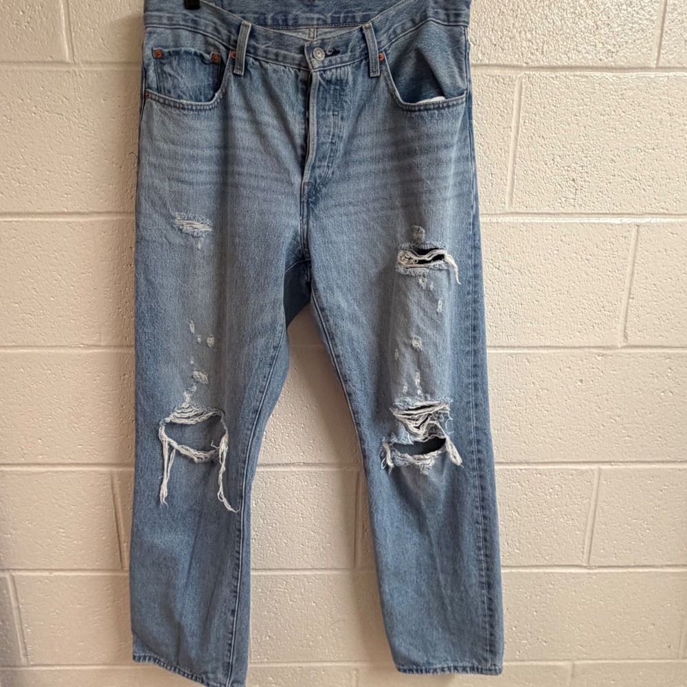 Levis Mens 501 Premium Original Fit Distressed Jeans 30x30 Light Blue Rip Denim